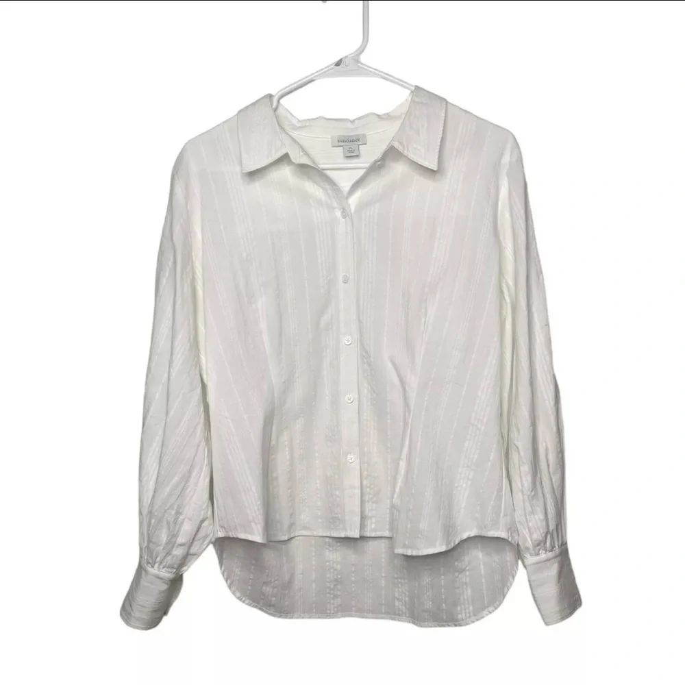 Sundance Size Large Petite White Ribbed Long Sleeve Button Down Shirt - Picture 5 of 12